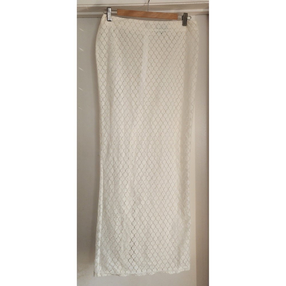 HALDEN White Crochet Lace Maxi Skirt‎ Sheer Overlay Slit Boho Festival M